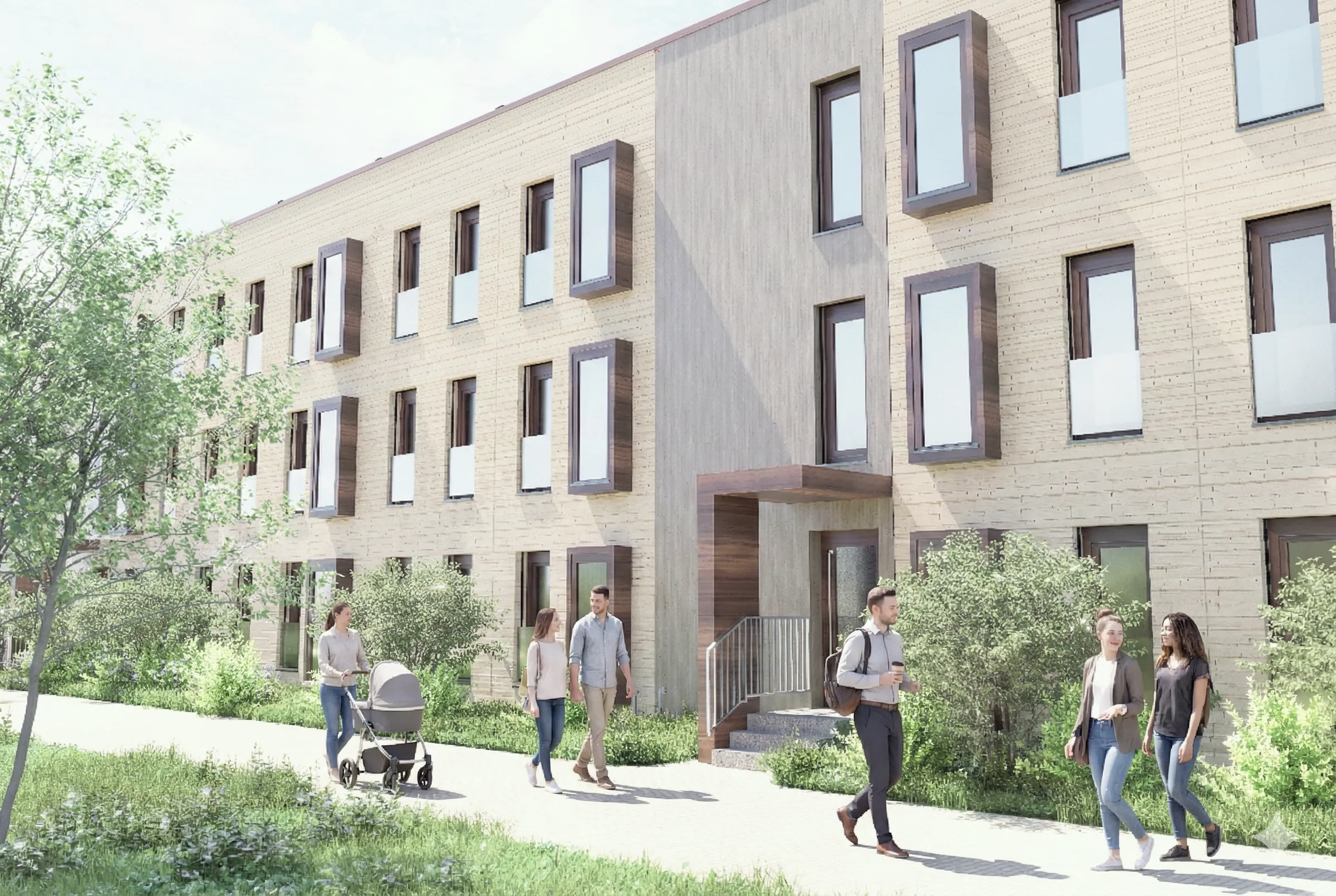 Rendering des Sämling-Holzmodulbaus, Ansicht West: dreigeschossiger Holzbau mit Grünfläche und Nachbarschaft