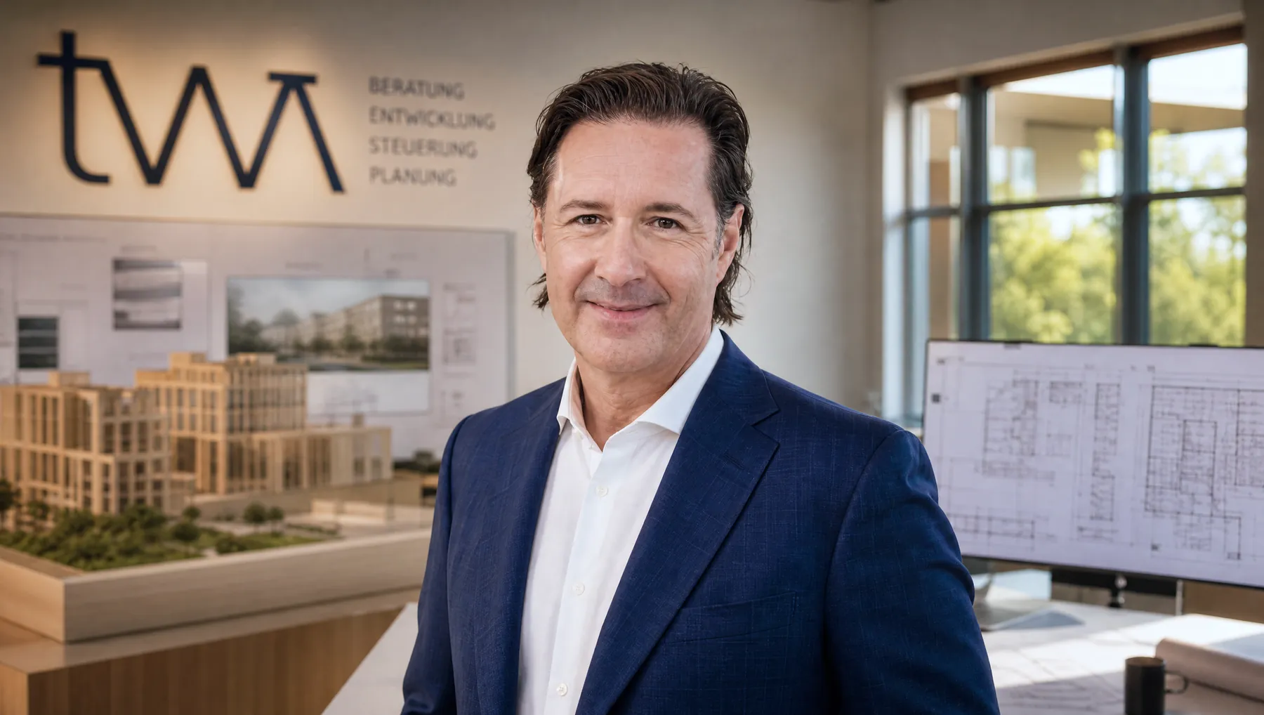 Andreas Taufenbach im Büro vor einem Architekturmodell (KI-generiertes Platzhalterbild)