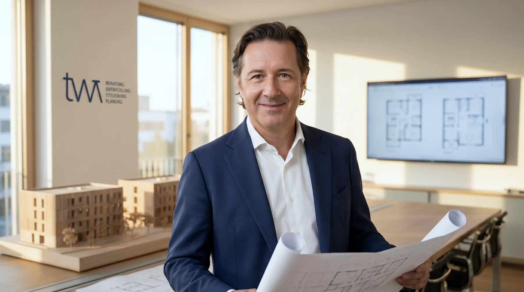 Andreas Taufenbach am Schreibtisch mit Plänen (KI-generiertes Platzhalterbild)